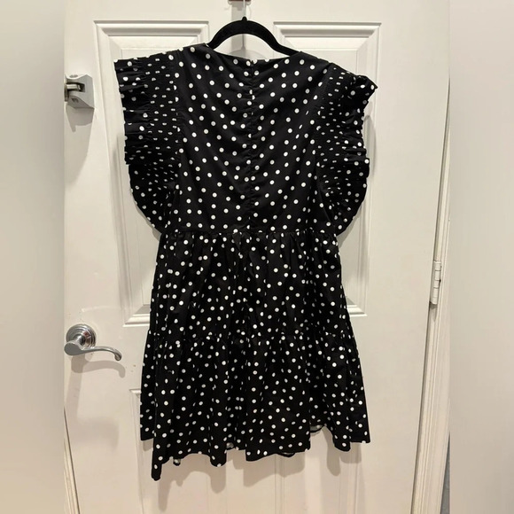The Impeccable Pig Women Dress Ruffle Mini Polka Dot Black White Pockets Medium - Picture 3 of 4